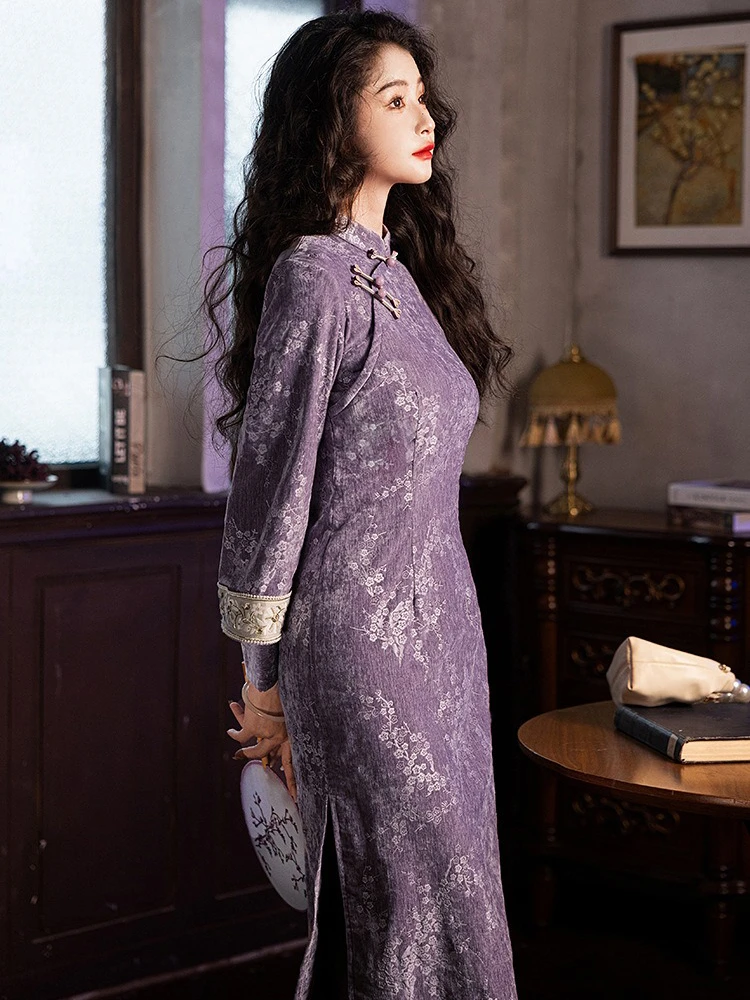 Purple Winter Cheongsam Vintage Classical Girls Qipao