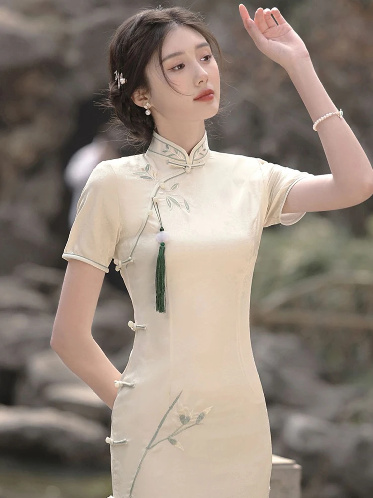 Summer Young Girls Dress White Daily Cheongsam Vintage Style