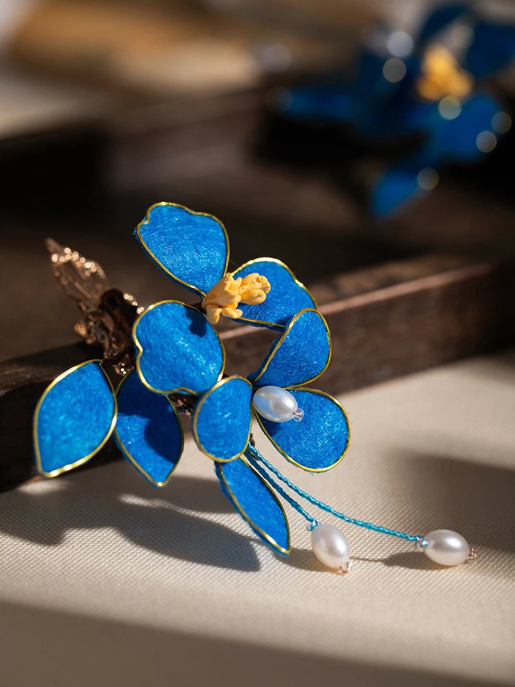 Blue Classical Cheongsam Hair Clip Cinnamon Flower Velvet Hair Accessories