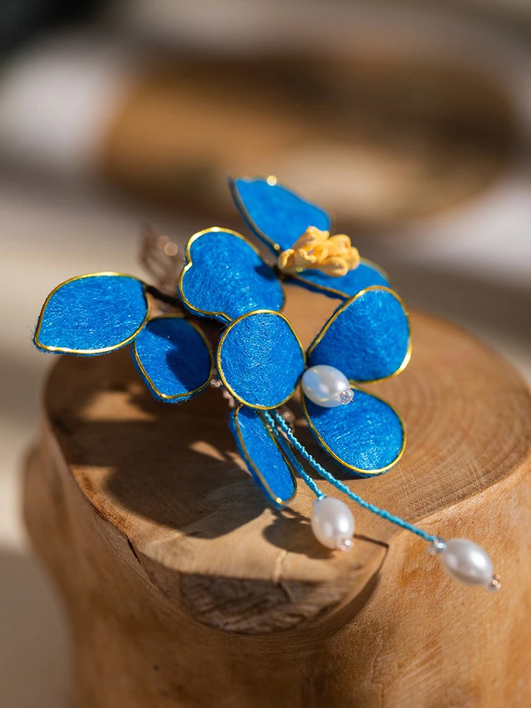 Blue Classical Cheongsam Hair Clip Cinnamon Flower Velvet Hair Accessories