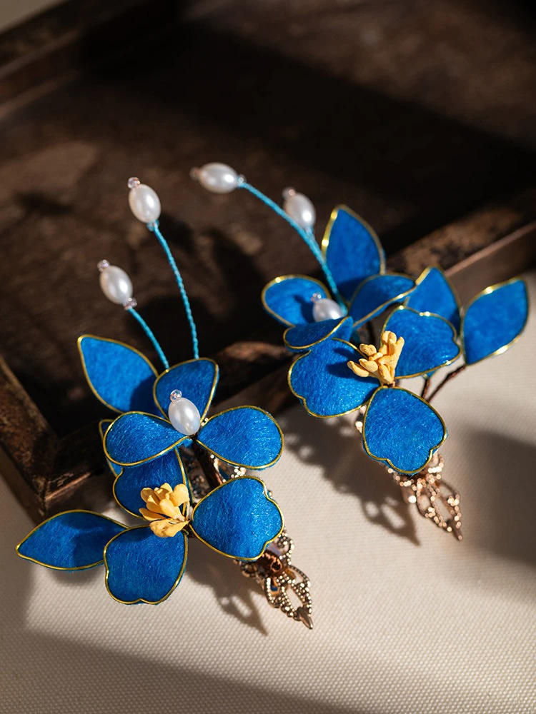 Blue Classical Cheongsam Hair Clip Cinnamon Flower Velvet Hair Accessories