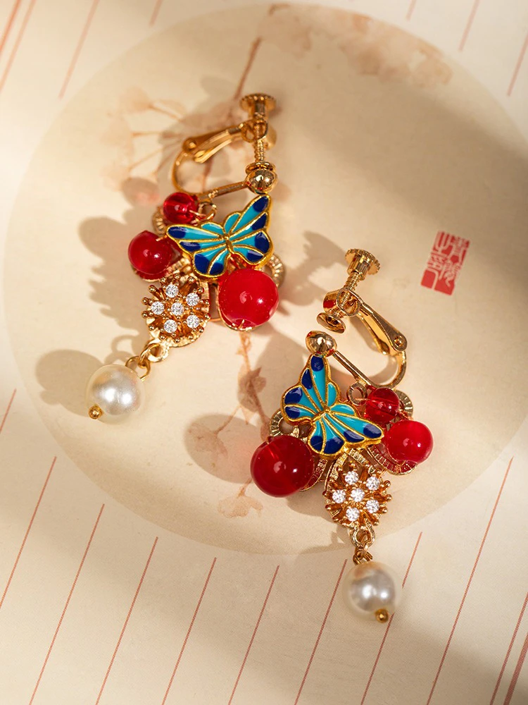 New Year Butterfly Hanfu Earrings Red Cheongsam Ancient Style