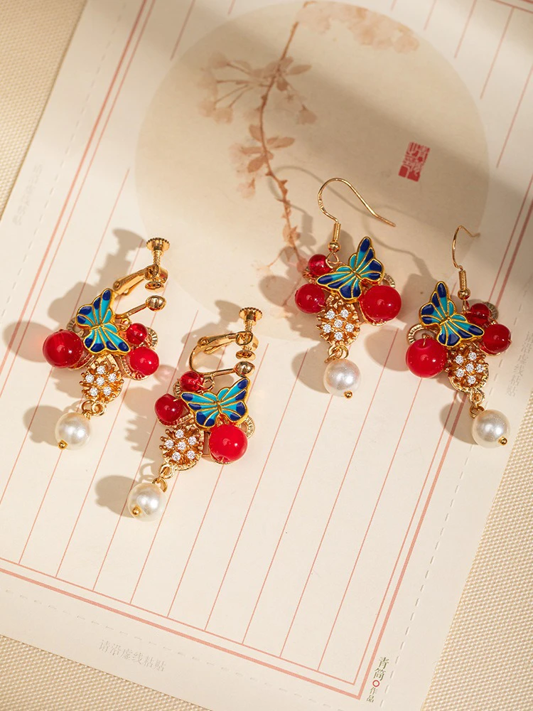 New Year Butterfly Hanfu Earrings Red Cheongsam Ancient Style