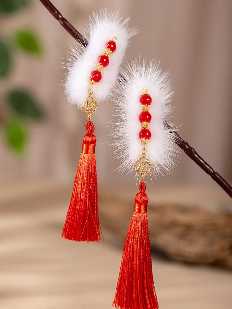 Red Tassel Hairclip Children's Festive Plush Ancient Style Hair Accessories New Year