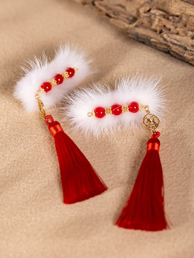 Red Tassel Hairclip Children's Festive Plush Ancient Style Hair Accessories New Year