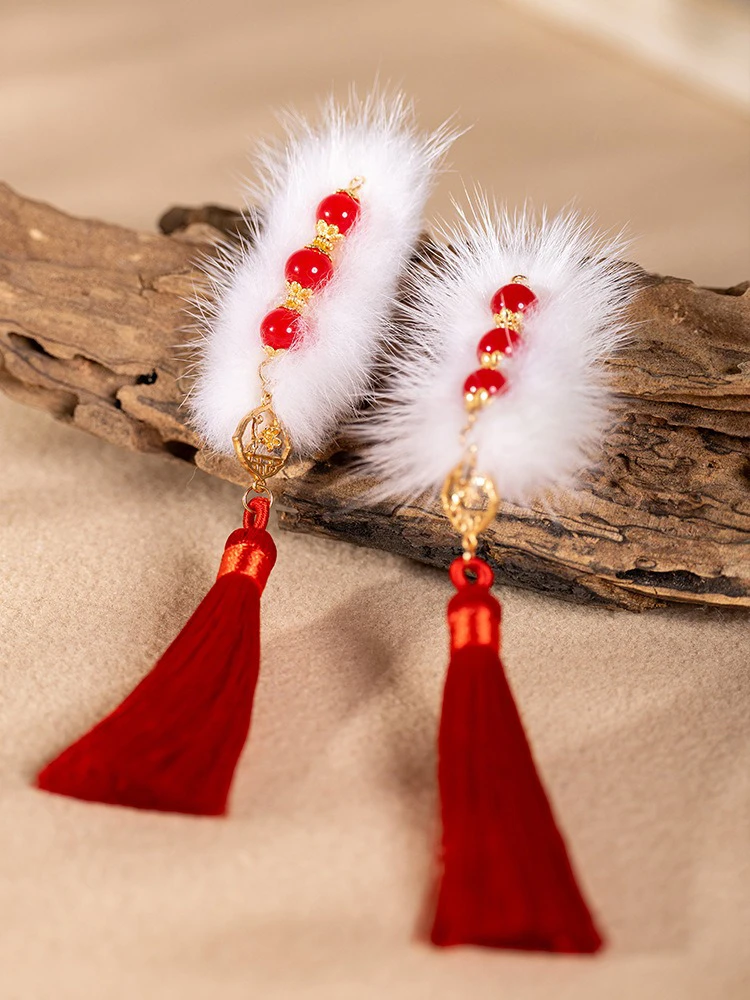 Red Tassel Hairclip Children's Festive Plush Ancient Style Hair Accessories New Year