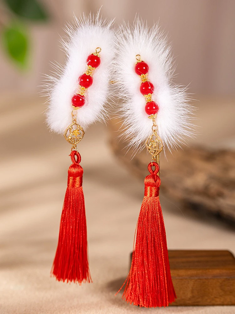 Red Tassel Hairclip Children's Festive Plush Ancient Style Hair Accessories New Year