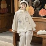 Square Collar Short Shirt Improved Song Pants Winter Thickening Set