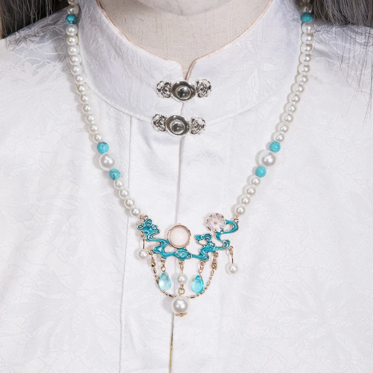 Hanfu Necklace Ming Dynasty Style Blue Auspicious Clouds Classical Accessories Pendant