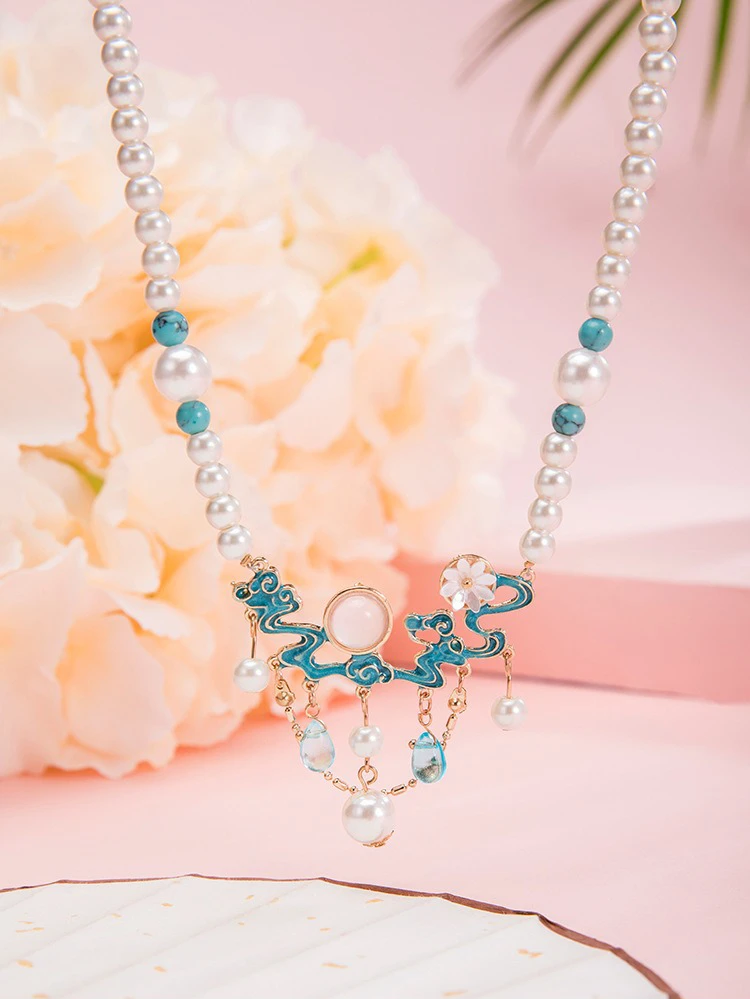 Hanfu Necklace Ming Dynasty Style Blue Auspicious Clouds Classical Accessories Pendant