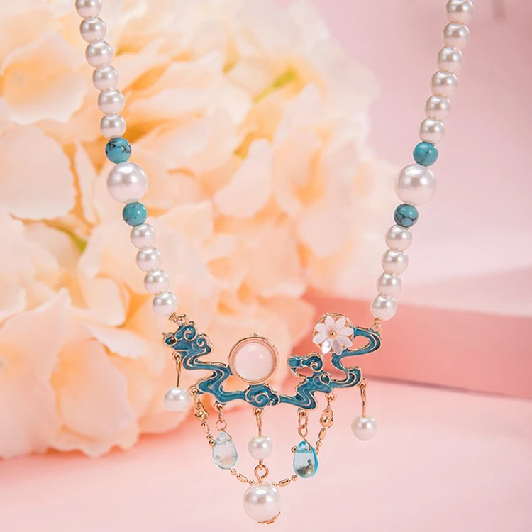 Hanfu Necklace Ming Dynasty Style Blue Auspicious Clouds Classical Accessories Pendant