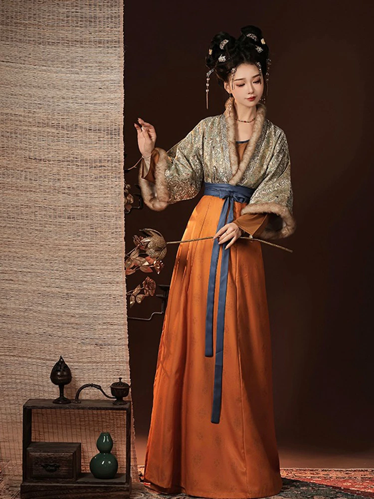 Winter Tang Dynasty Hanfu Beizi Ladies Qiyao Vintage Set