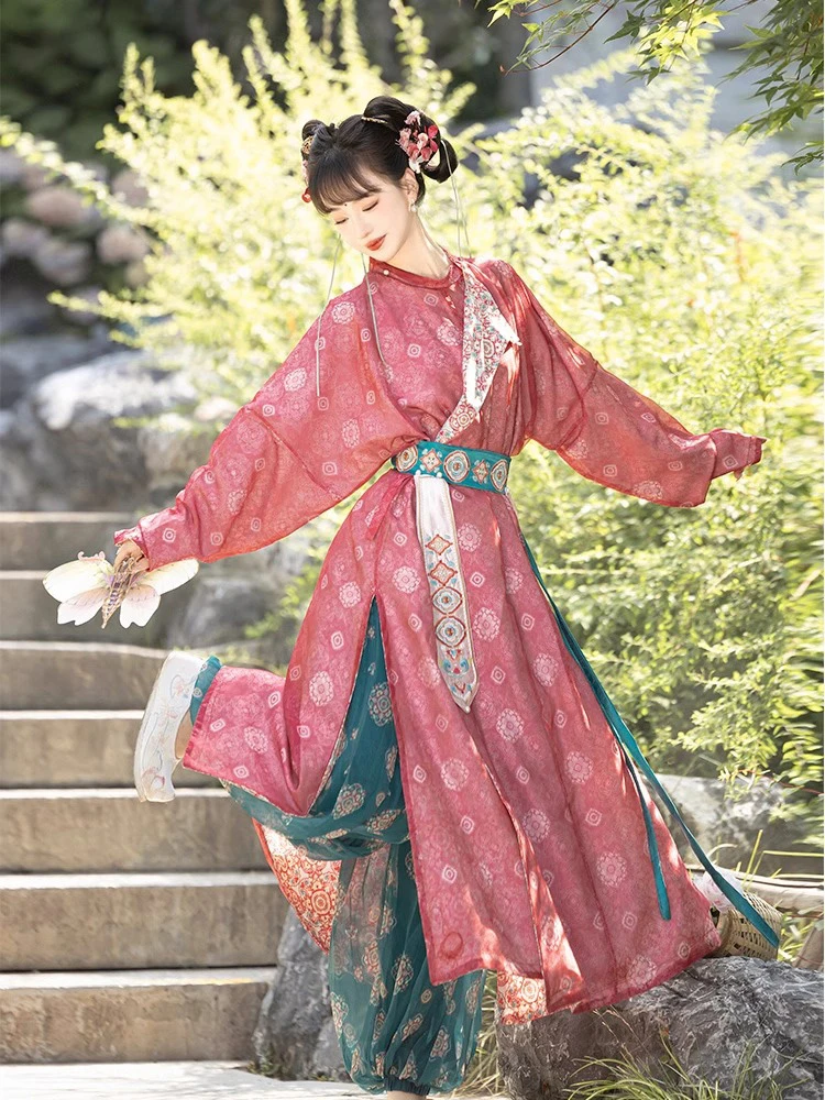 Ladies Pink Style Hanfu Round Collar Robe Lantern Pants Cute Style