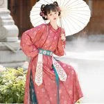 Ladies Pink Style Hanfu Round Collar Robe Lantern Pants Cute Style