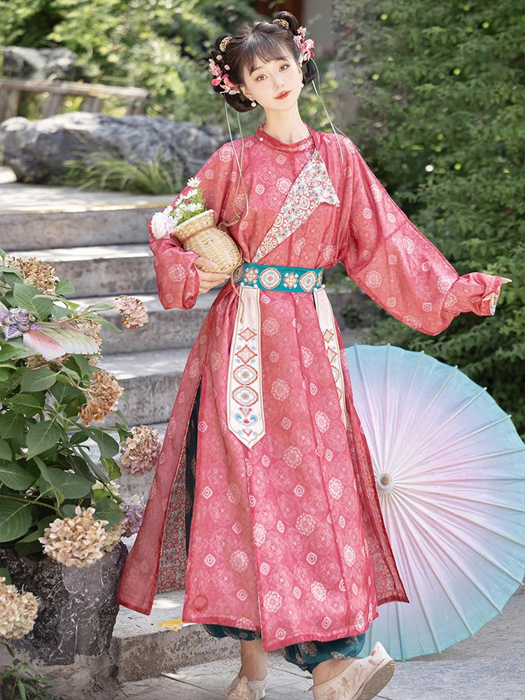 Ladies Pink Style Hanfu Round Collar Robe Lantern Pants Cute Style