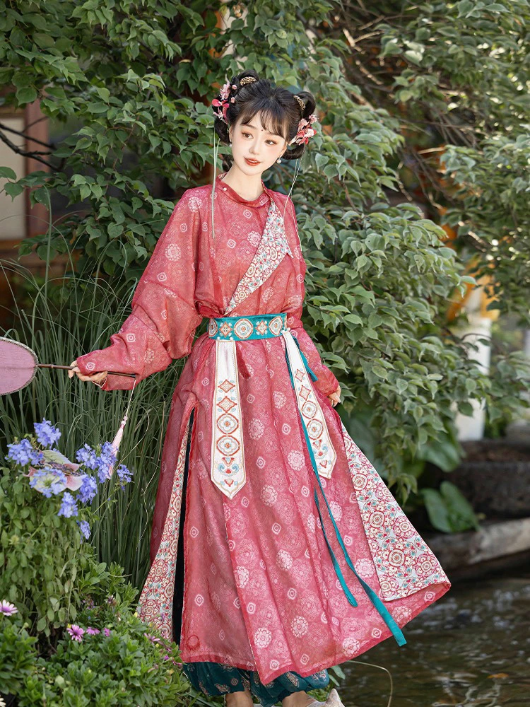 Ladies Pink Style Hanfu Round Collar Robe Lantern Pants Cute Style