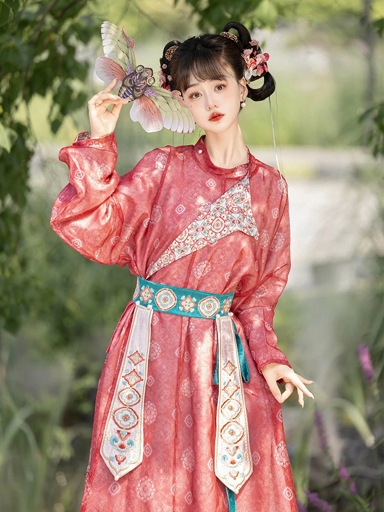 Ladies Pink Style Hanfu Round Collar Robe Lantern Pants Cute Style