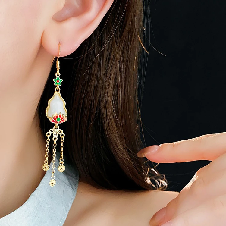 Women Quality Lotus Tassel Ear Hooks Retro Unique Earrings