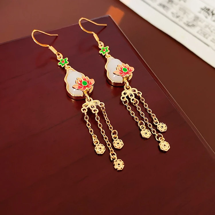 Women Quality Lotus Tassel Ear Hooks Retro Unique Earrings