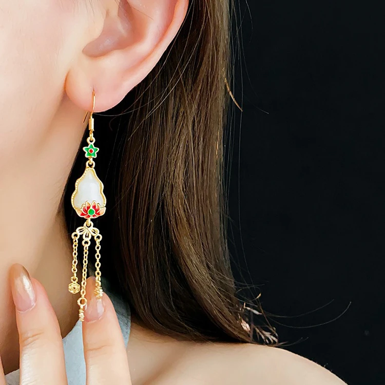 Women Quality Lotus Tassel Ear Hooks Retro Unique Earrings