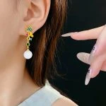 Women Retro Lotus Flower Earrings Round Bead Fashion Ear Accessories