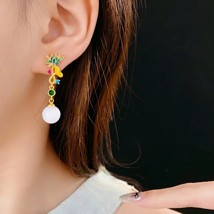 Women Retro Lotus Flower Earrings Round Bead Fashion Ear Accessories