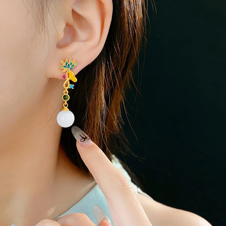 Women Retro Lotus Flower Earrings Round Bead Fashion Ear Accessories