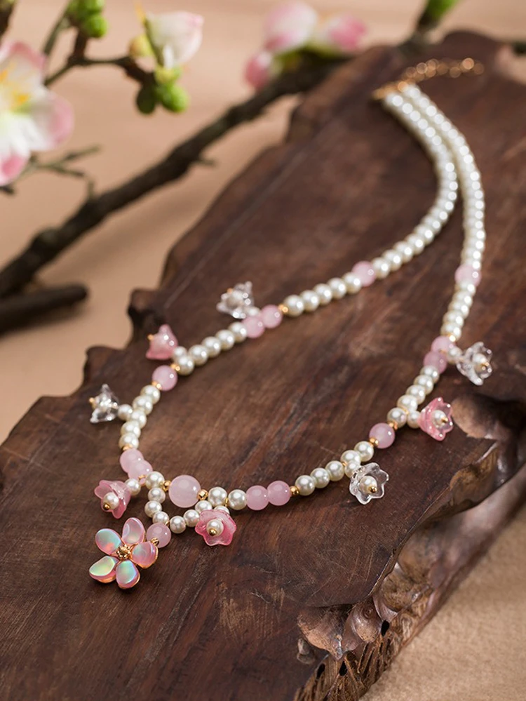 Ancient Style Necklace Women Pink Petal Bell Orchid Yingluo Accessories