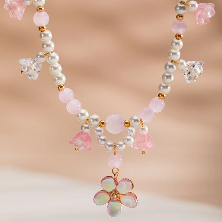 Ancient Style Necklace Women Pink Petal Bell Orchid Yingluo Accessories