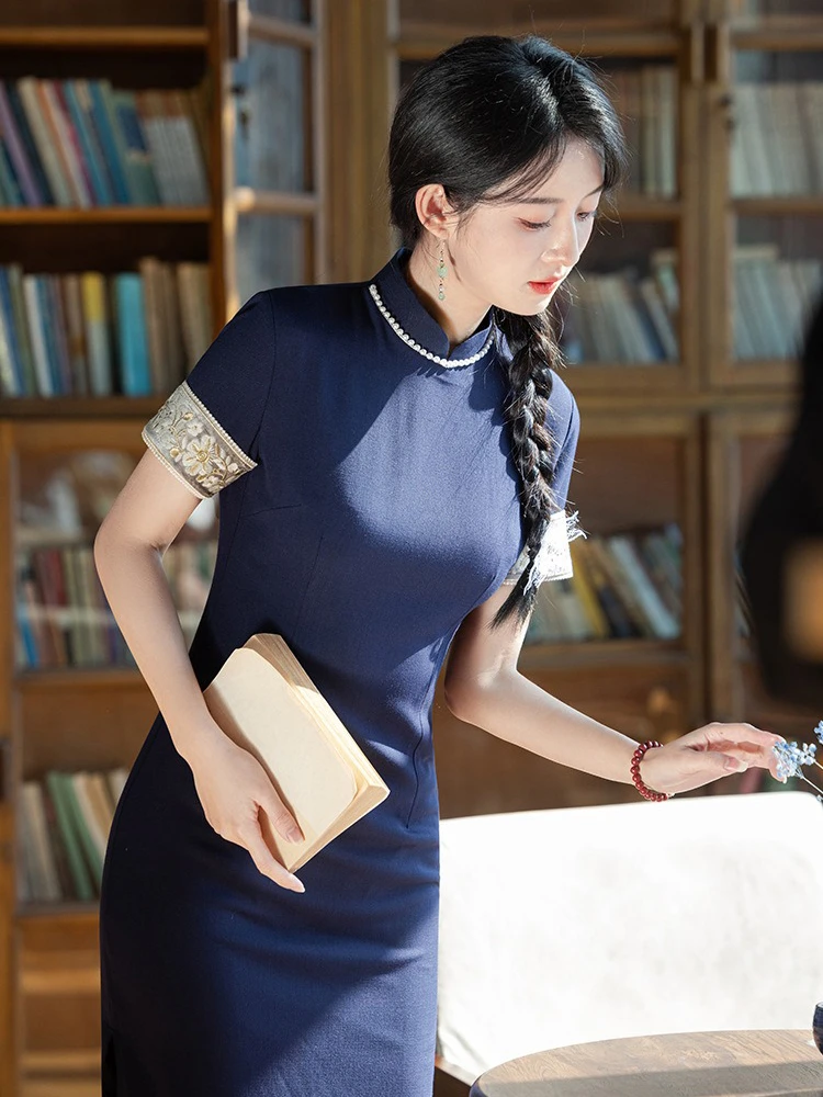 Chinese Young Girls Cheongsam Blue Slim Dress Vintage Style