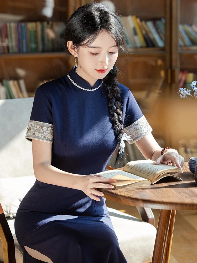 Chinese Young Girls Cheongsam Blue Slim Dress Vintage Style