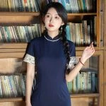 Chinese Young Girls Cheongsam Blue Slim Dress Vintage Style