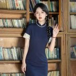 Chinese Young Girls Cheongsam Blue Slim Dress Vintage Style