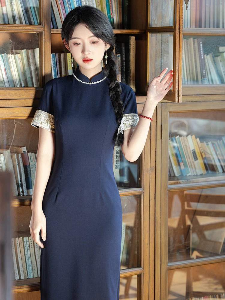 Chinese Young Girls Cheongsam Blue Slim Dress Vintage Style