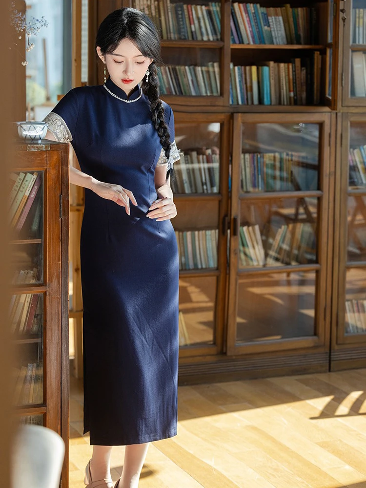 Chinese Young Girls Cheongsam Blue Slim Dress Vintage Style