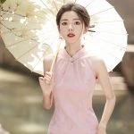 Pink Women Cheongsam New High-end Sleeveless Daily Skirt