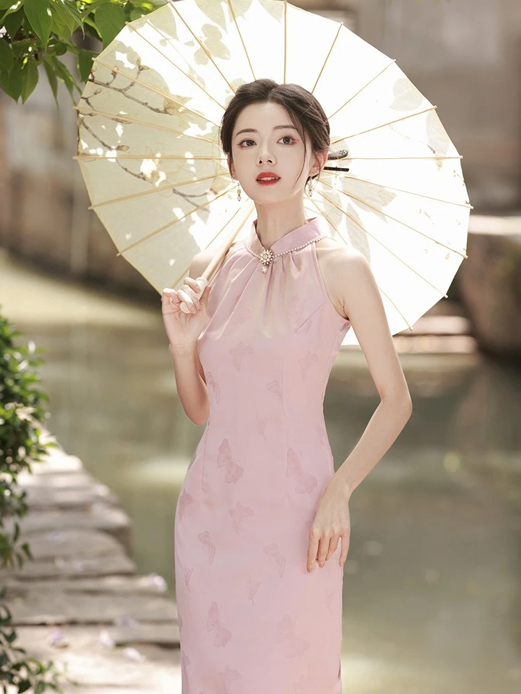 Pink Women Cheongsam New High-end Sleeveless Daily Skirt