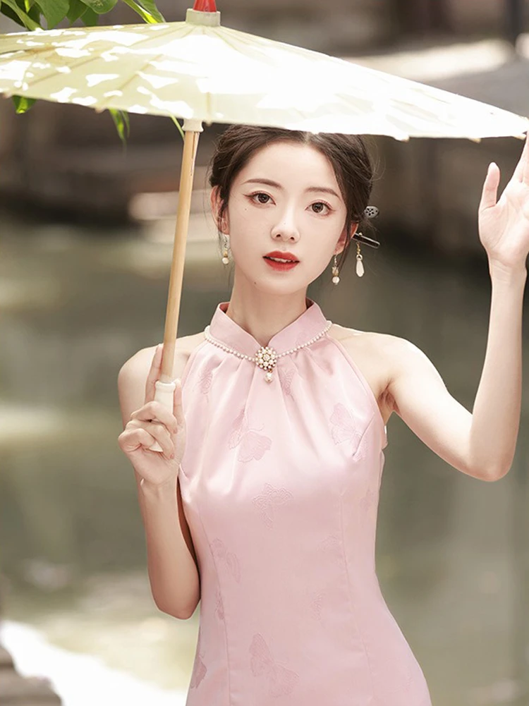 Pink Women Cheongsam New High-end Sleeveless Daily Skirt