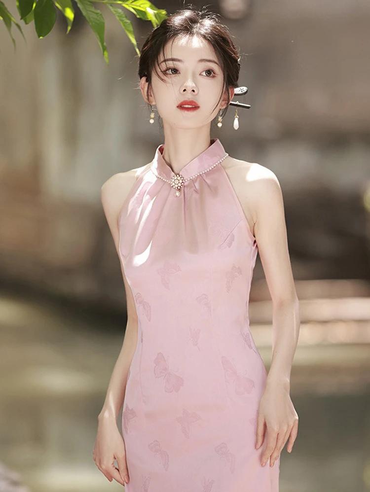 Pink Women Cheongsam New High-end Sleeveless Daily Skirt