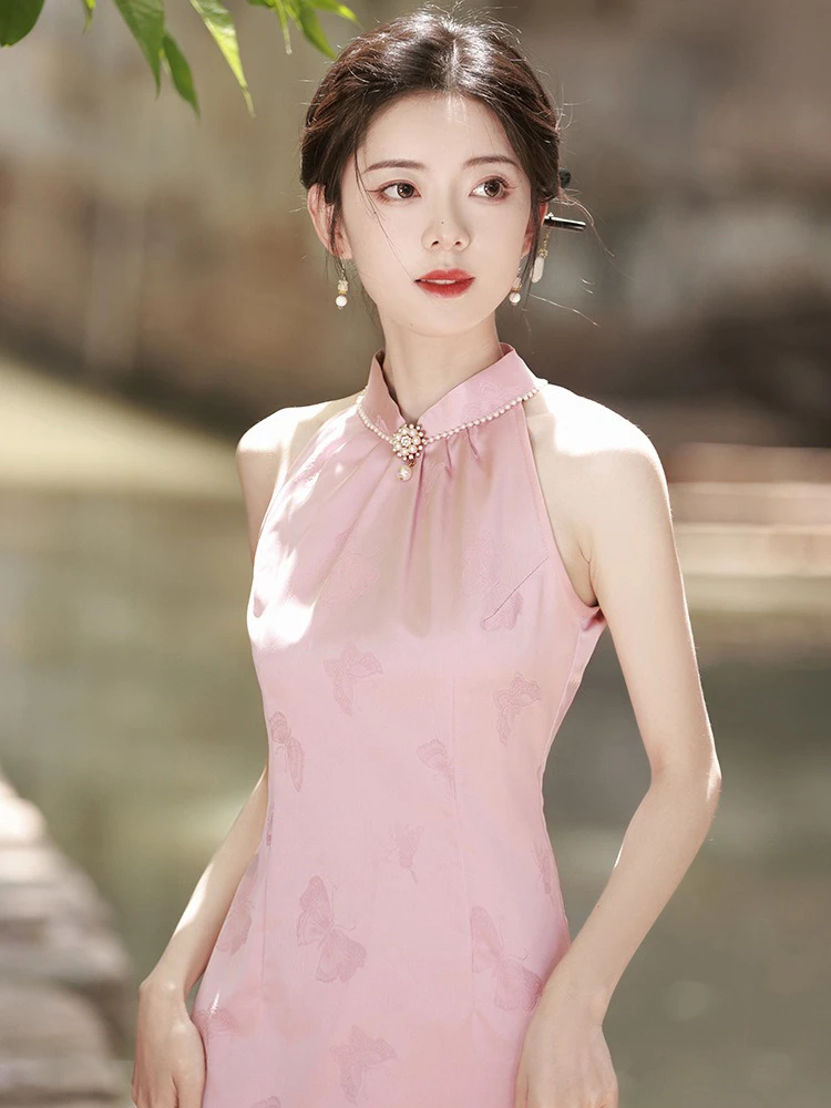 Pink Women Cheongsam New High-end Sleeveless Daily Skirt