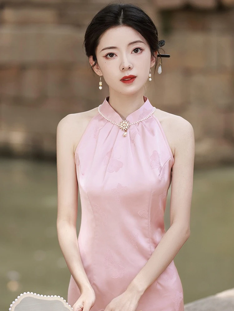 Pink Women Cheongsam New High-end Sleeveless Daily Skirt