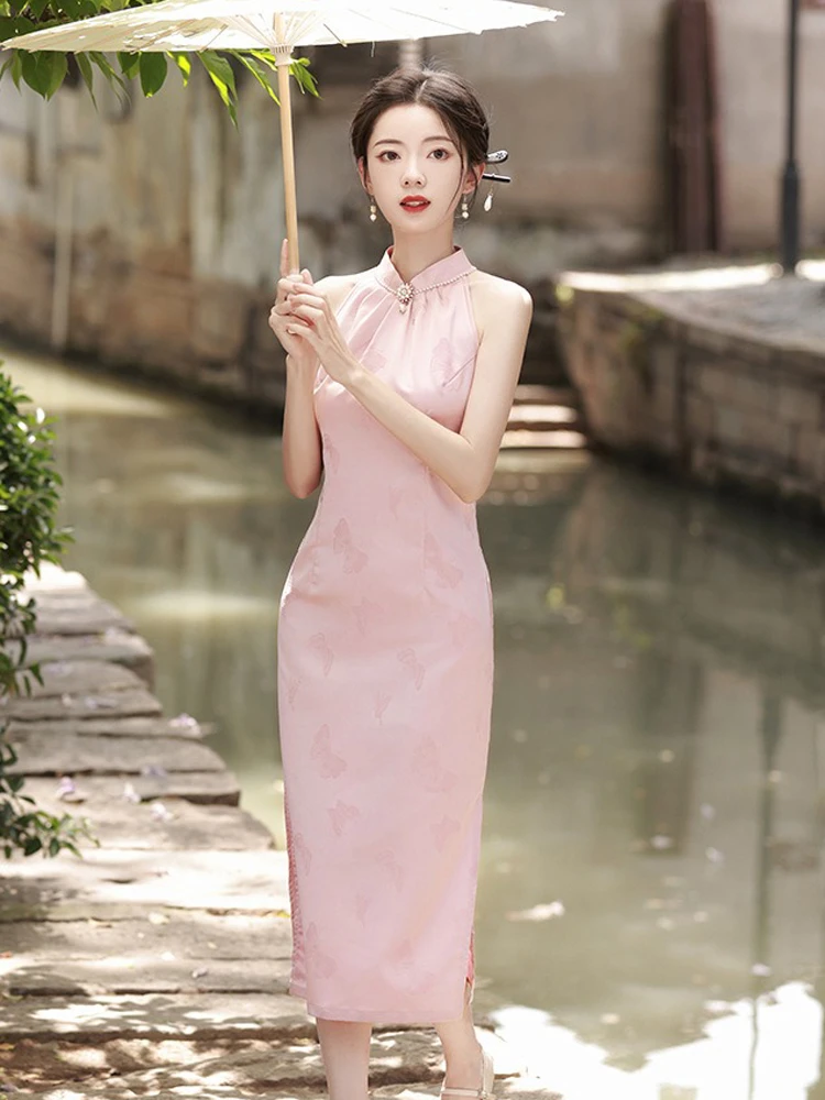 Pink Women Cheongsam New High-end Sleeveless Daily Skirt