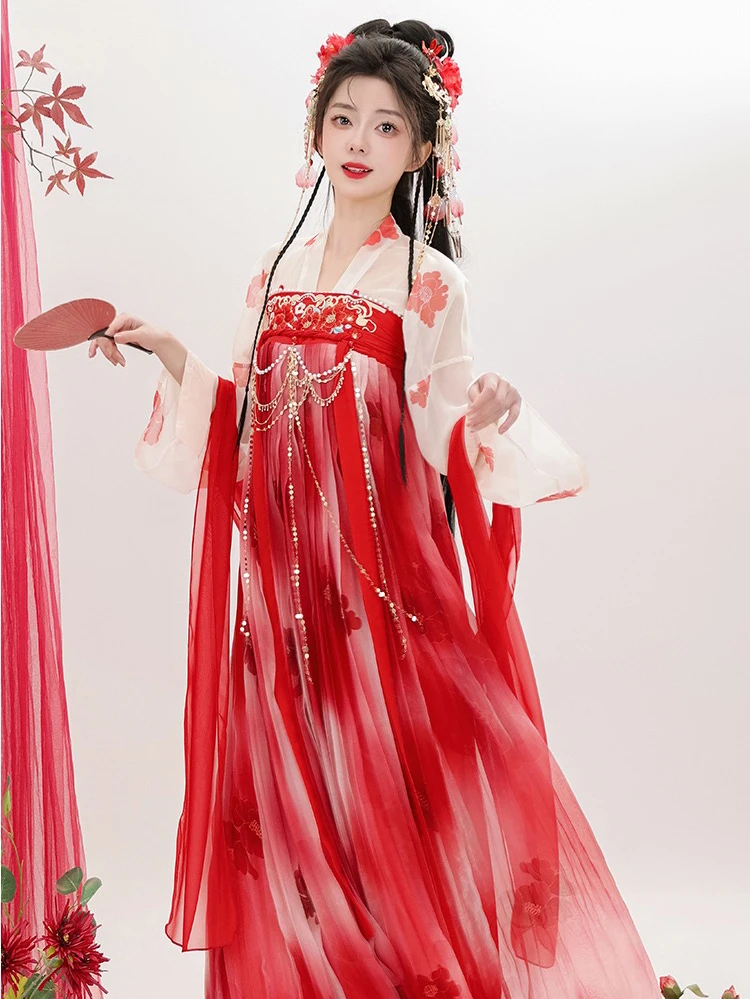 Tang Dynasty Qixiong Shanqun Women Summer Red Skirt