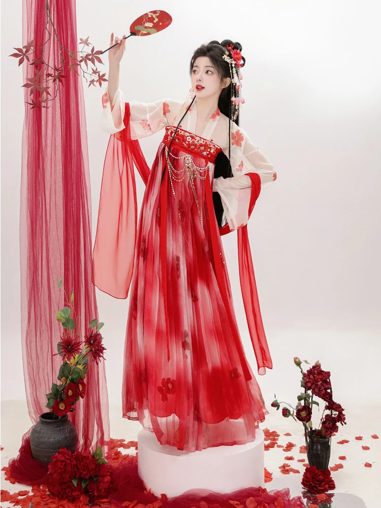 Tang Dynasty Qixiong Shanqun Women Summer Red Skirt