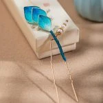 Women Velvet Flower Hair Pins in Blue Silk Premium Accessories