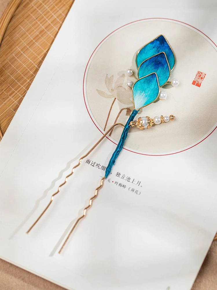 Women Velvet Flower Hair Pins in Blue Silk Premium Accessories