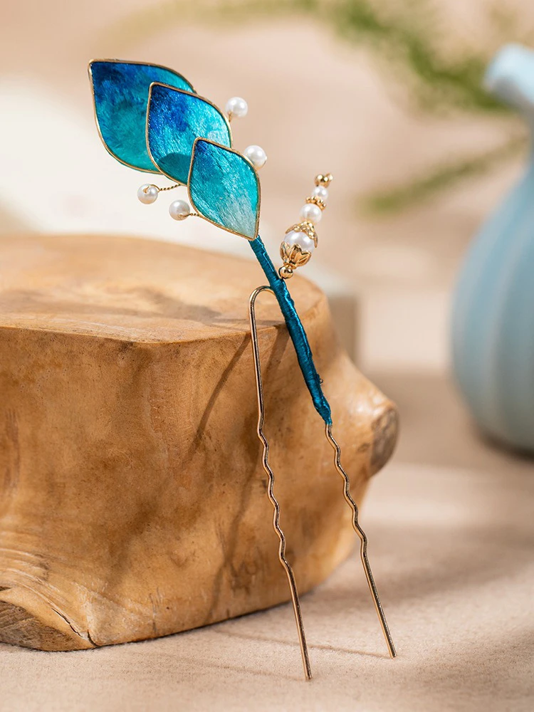 Women Velvet Flower Hair Pins in Blue Silk Premium Accessories