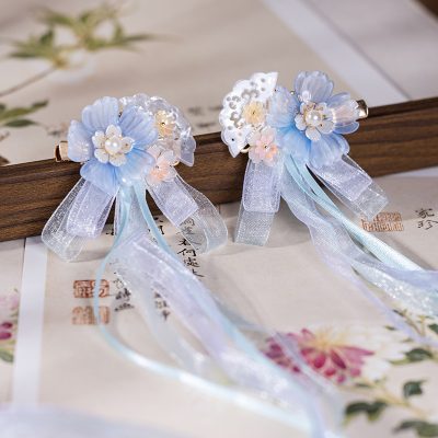 Children Hanfu Headdress Blue Ribbon Fairy Long Tassel
