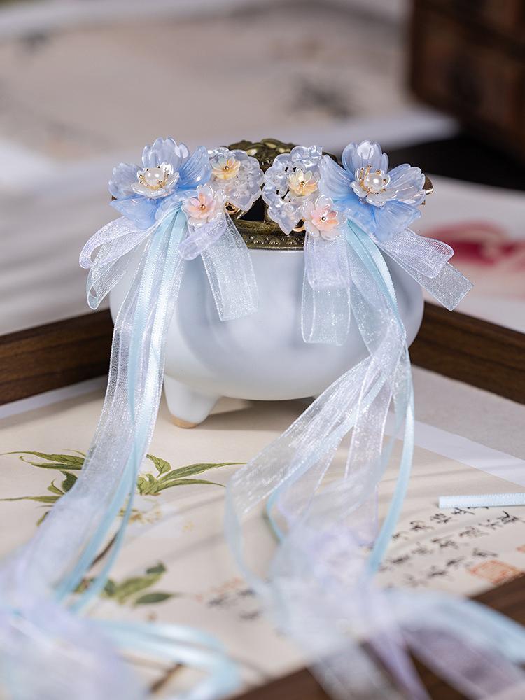 Children Hanfu Headdress Blue Ribbon Fairy Long Tassel