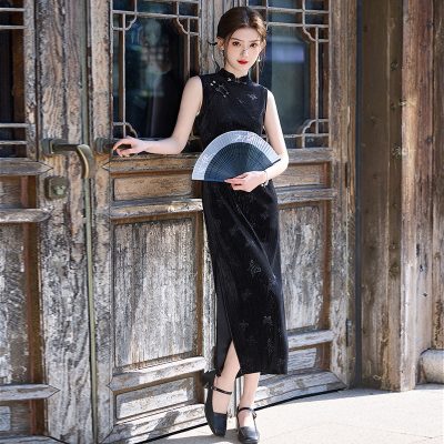 Summer Black Cheongsam Chinese Ladies Slim Sleeveless Dresses